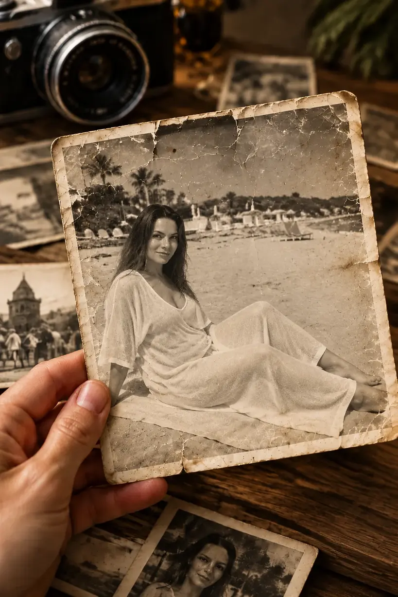 Ein beschädigter alter Fotoabzug einer Frau am Strand wird in der Hand gehalten